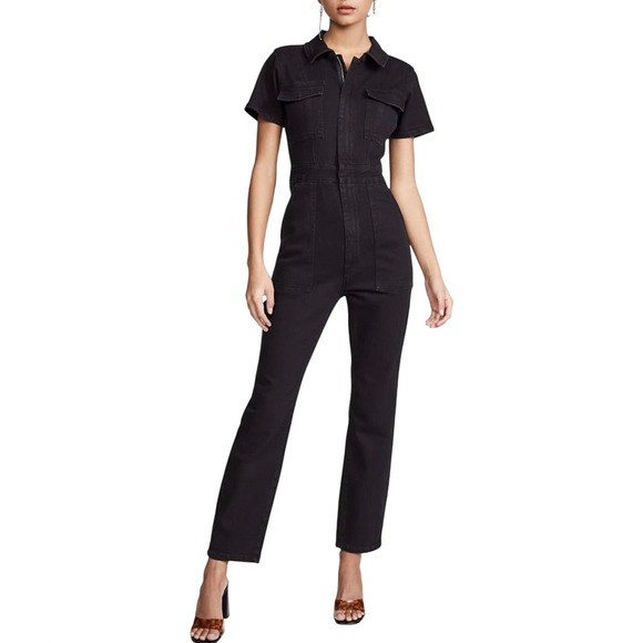Good American Pants - Good American Black Denim Short Sleeve Utility Jumpsuit Belted Zip Front Size M